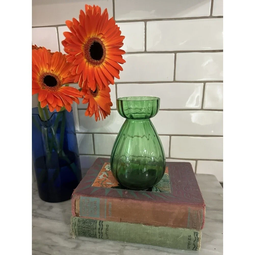 Beautiful Vintage Emerald Green Optic Glass Hyacinth FORCING VASE 6